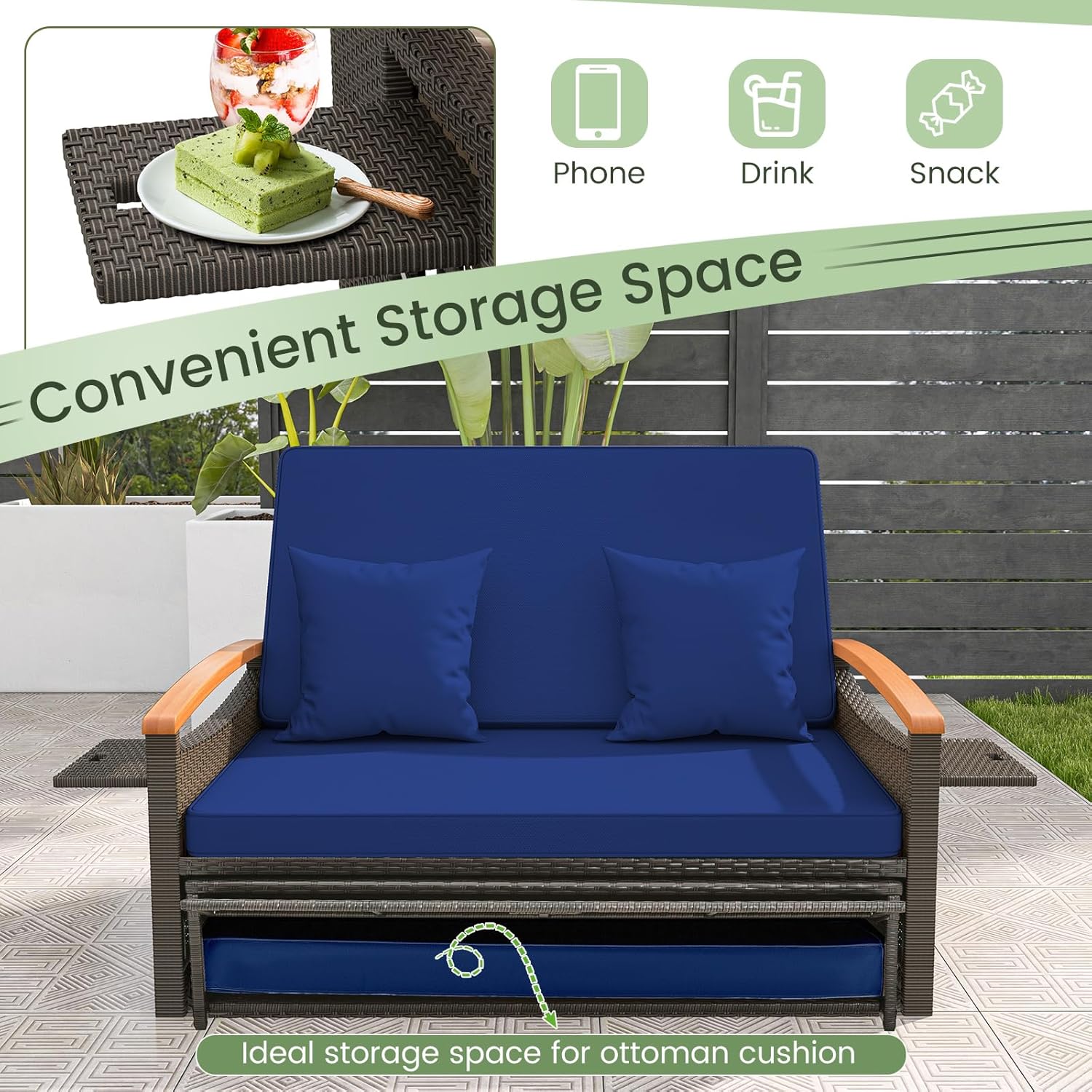 Patio Wicker Sun Lounger Daybed Adjustable Outdoor Sofa Navy
