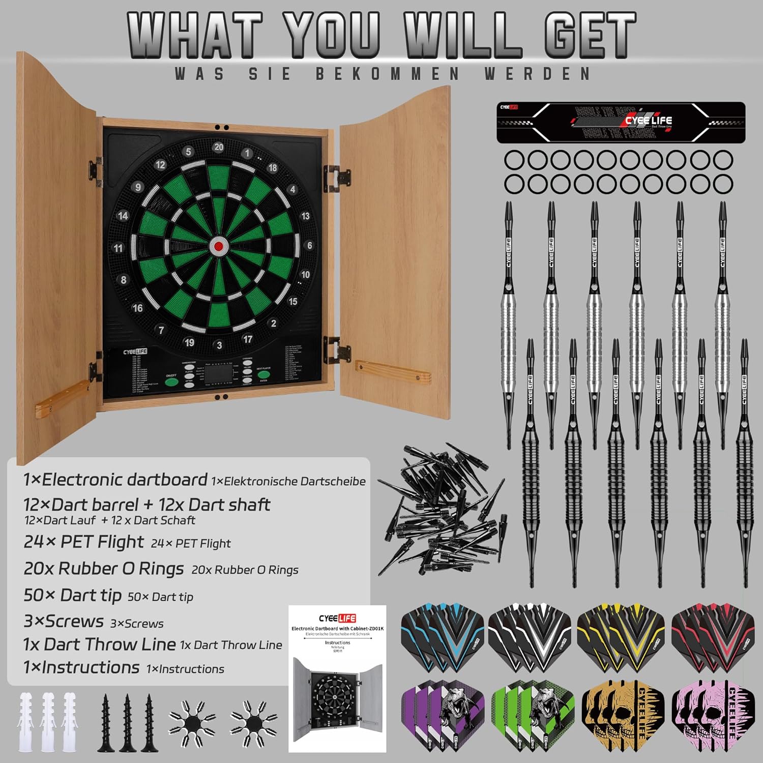Electronic Dartboard Cabinet 8 Player LED 34 Games 12 Darts Set