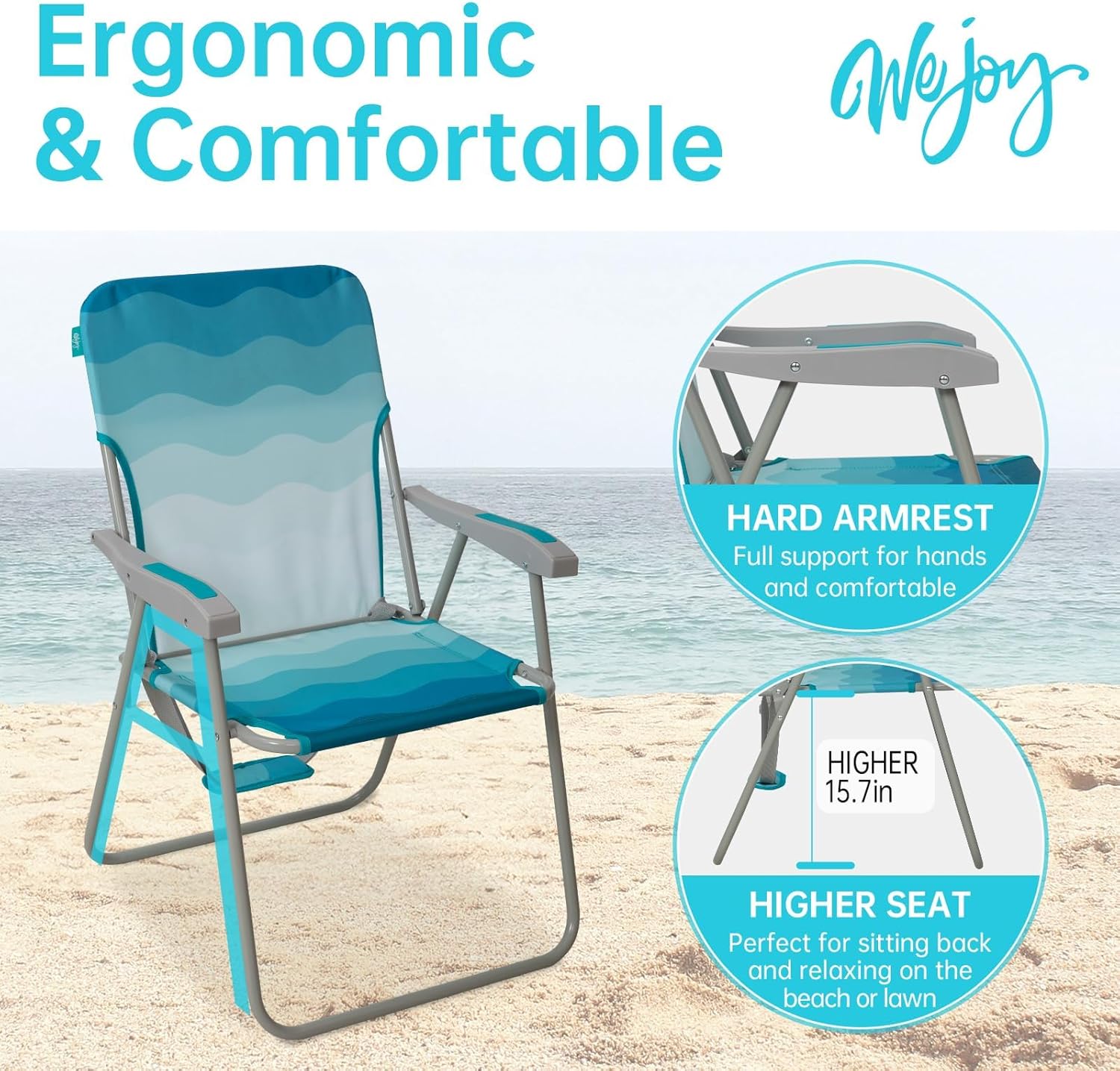 Folding Beach Chair High Back Lightweight Cyan White
