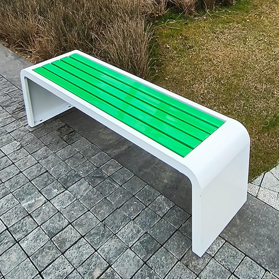150cm Curved Outdoor Bench Solid Wood Seat Steel Frame Backless Garden Patio Seat