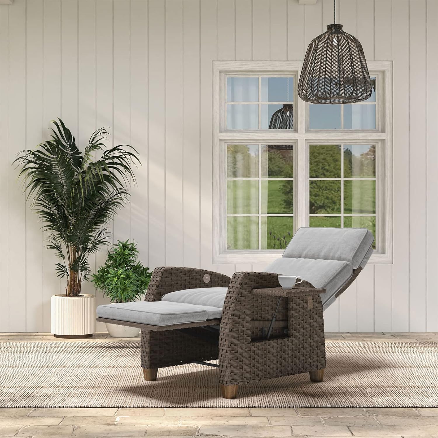 Wicker Recliner Sun Lounger Garden Chair Adjustable Backrest Table