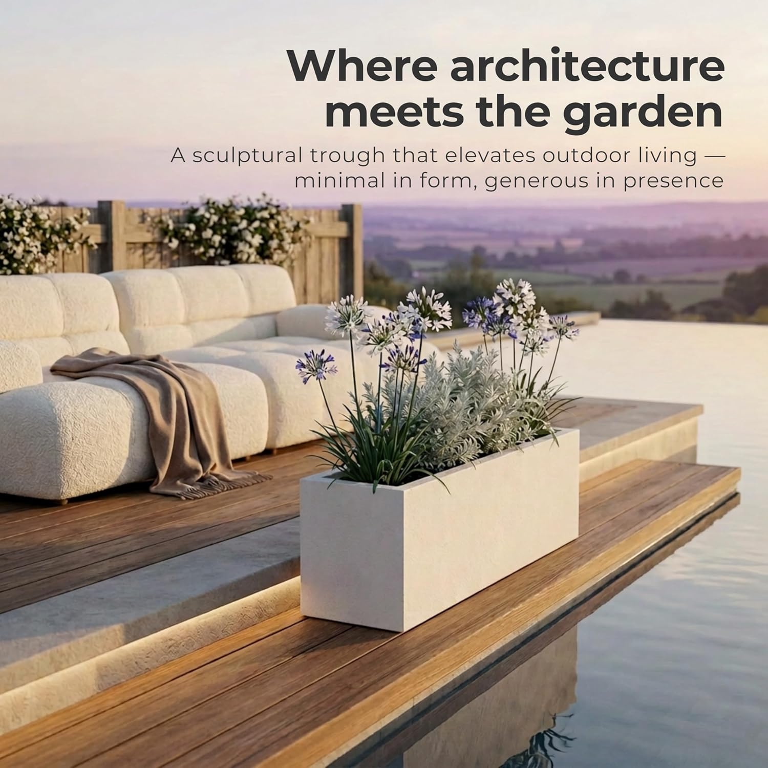100cm Large Trough Planter White Stone Effect Outdoor Garden Pot