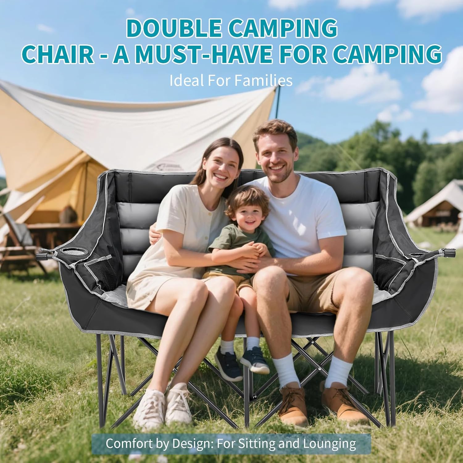 Double Camping Chair 2 Seater Padded Folding Sofa Black