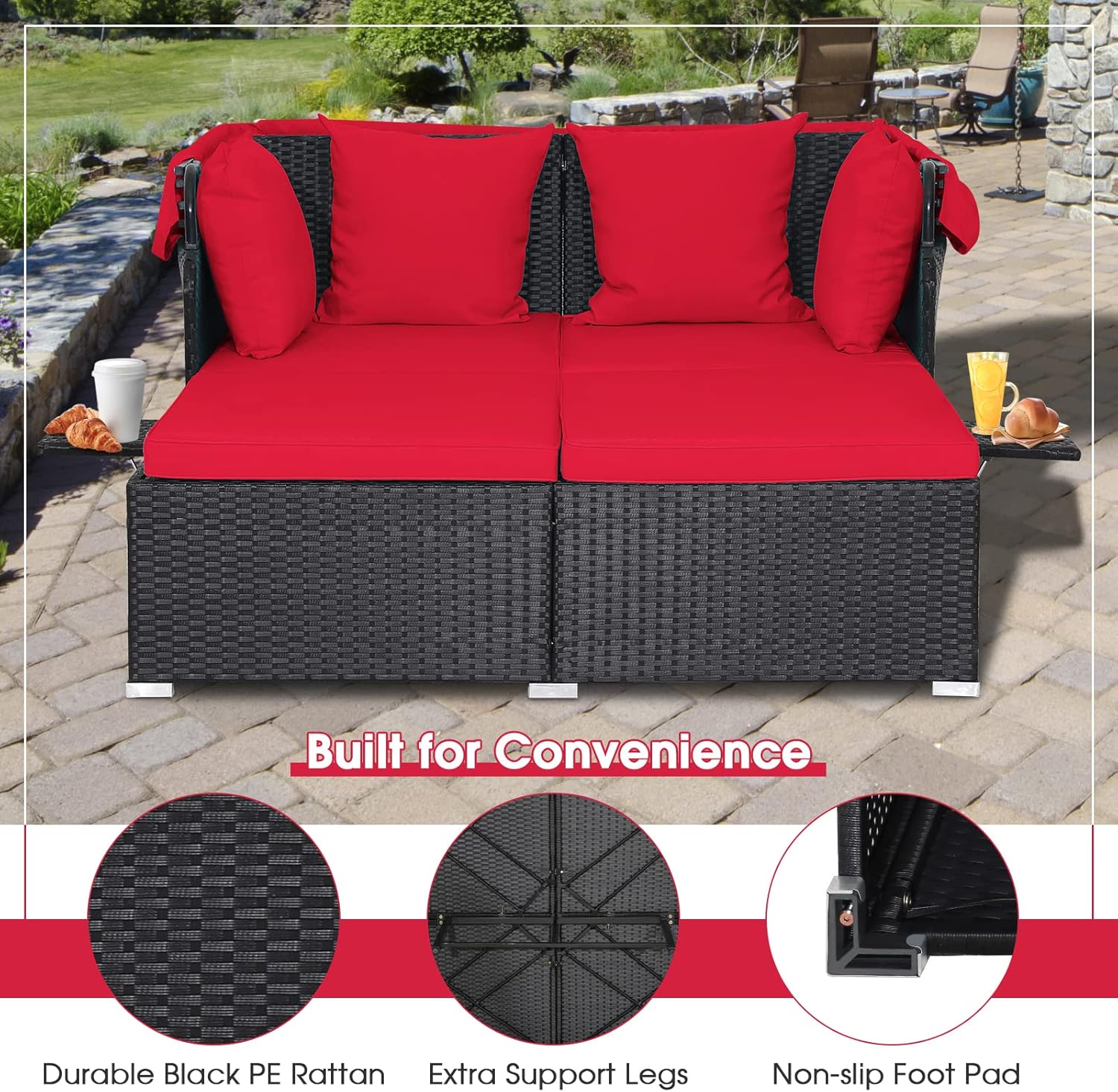 2 Seater Rattan Daybed Sunbed Canopy Side Tables Red
