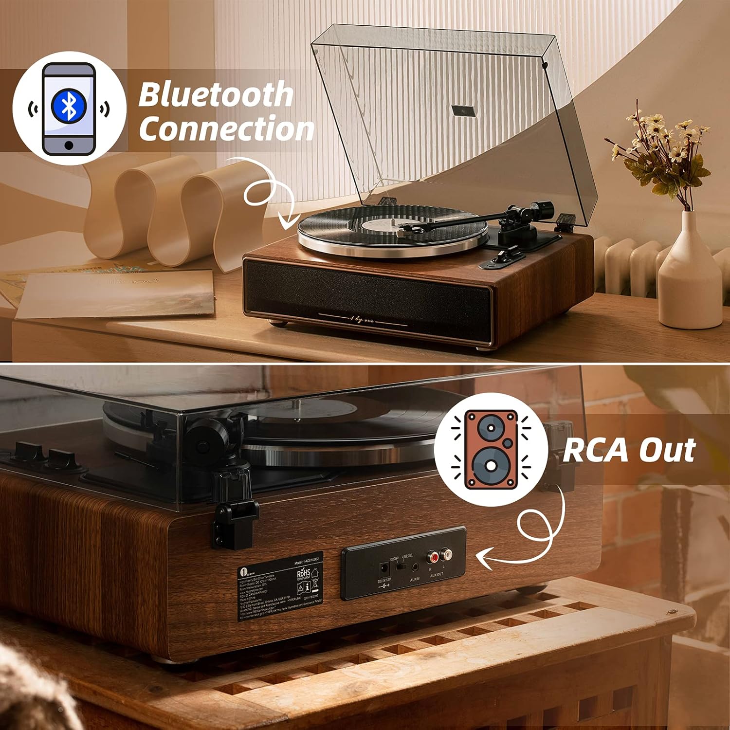 Bluetooth Vinyl Record Player Turntable with Built-In Speakers 33/45RPM