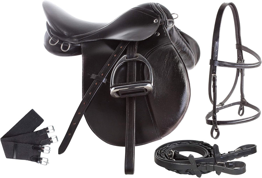 14 Inch English Leather Saddle Tack Set with Padded Seat