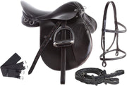 11 Inch English Leather Saddle Tack Set with Bridle Reins