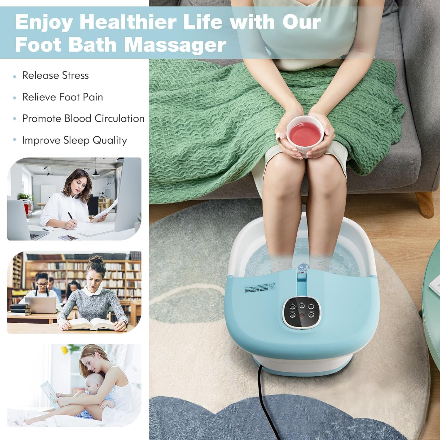 Electric Foldable Foot Spa Massager Heat Bubble Soak Roller