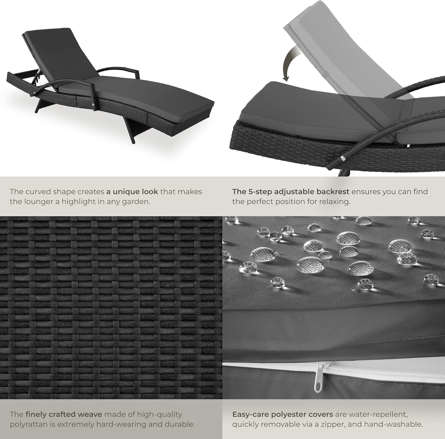 Rattan Sun Lounger 5 Position Recliner Cushion Black