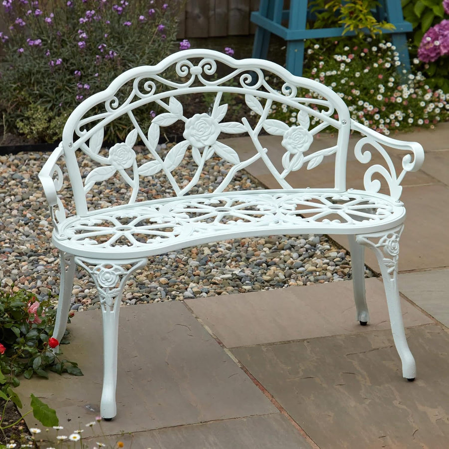 2 Seater Cast Iron Garden Bench Rose Back Patio Seat White