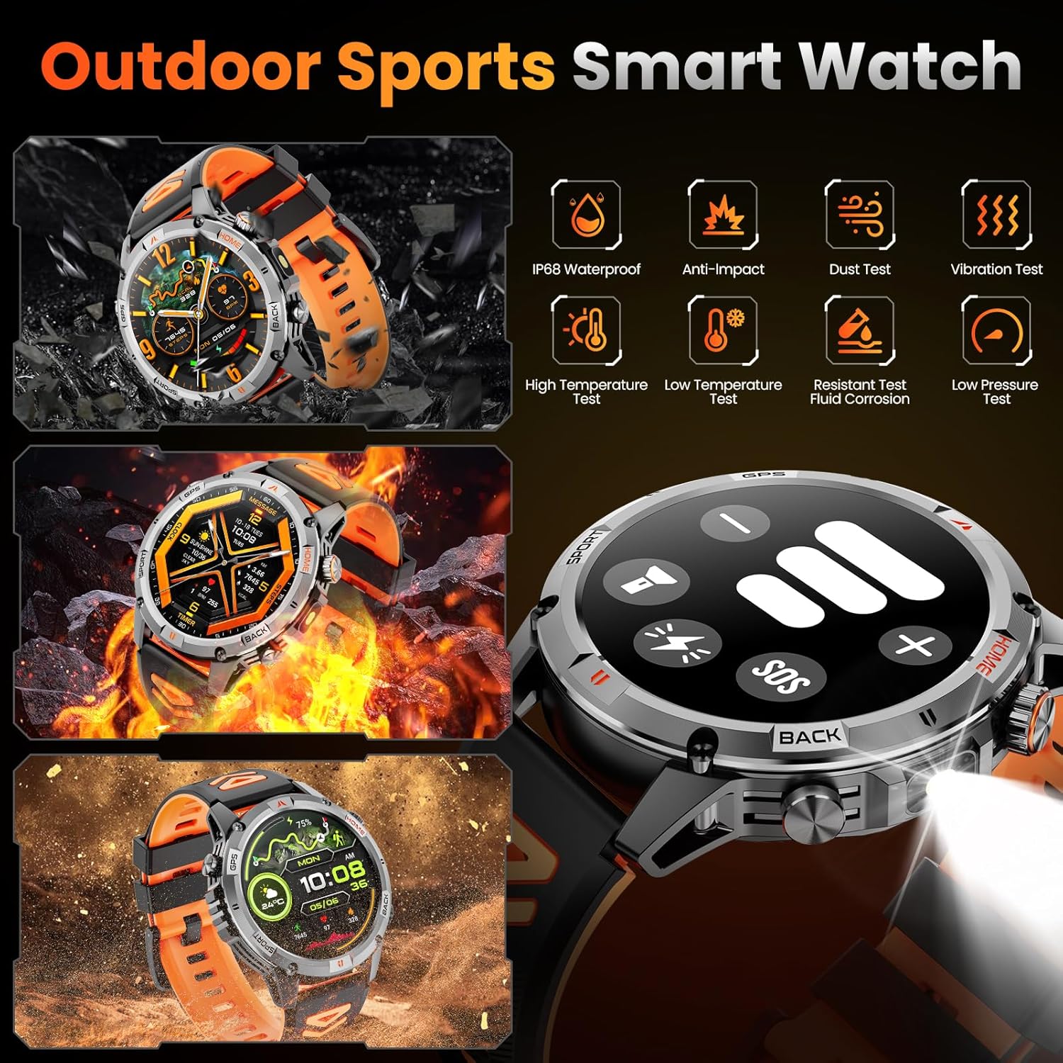 Military GPS Smart Watch LED Flashlight 100 Sports
