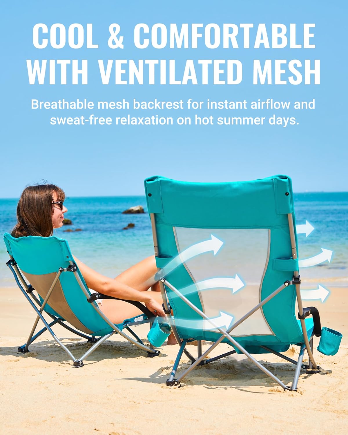 2 Pack Cyan Low Folding Beach Chairs Heavy Duty Seats