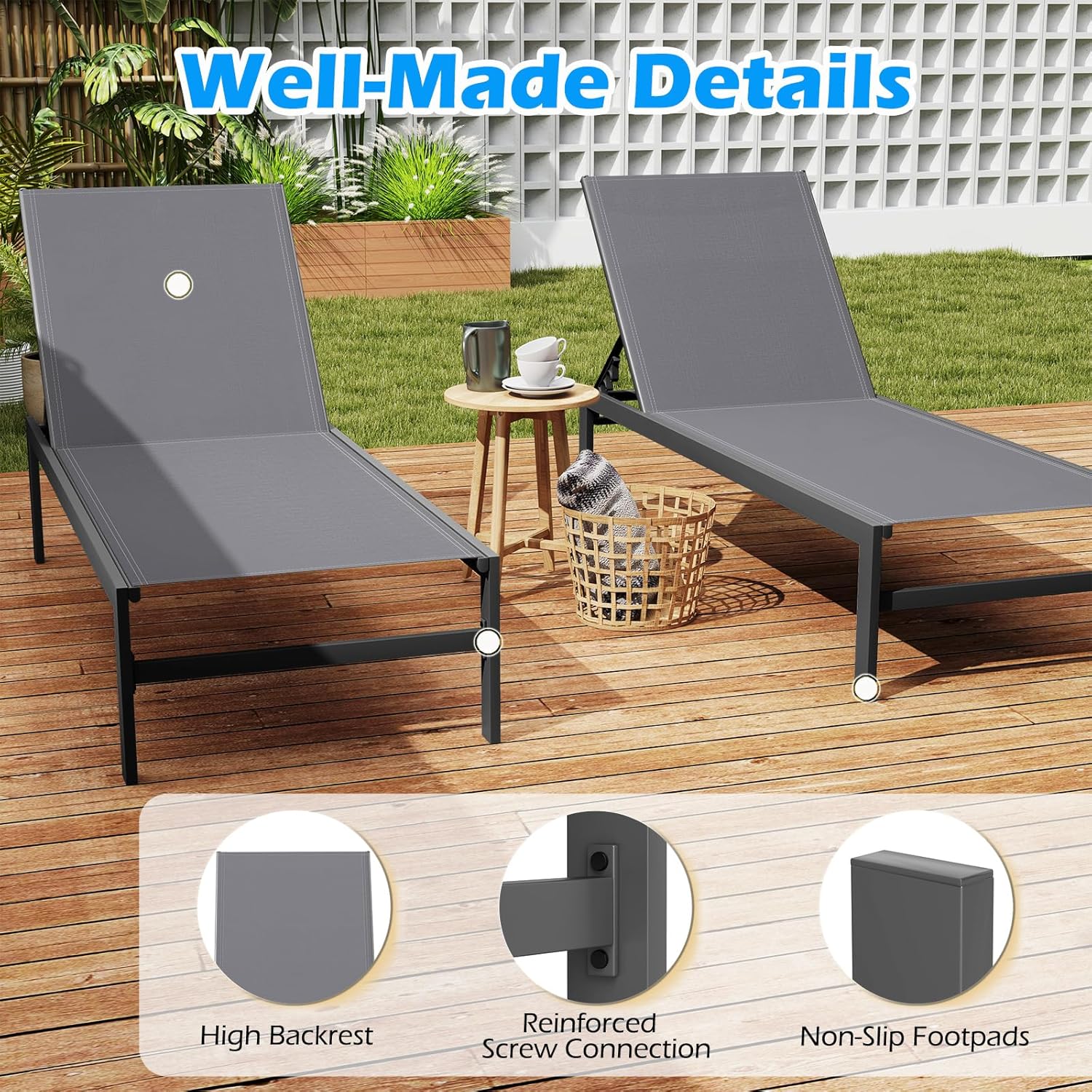 Garden Sun Lounger Adjustable Patio Chaise Recliner Grey Aluminum