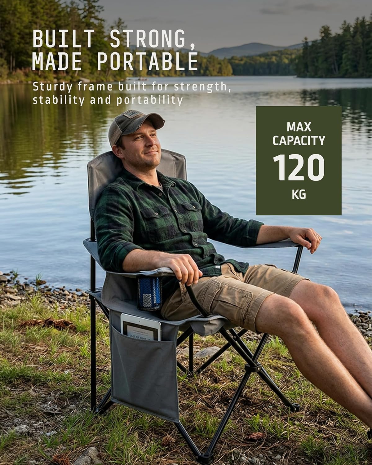 Folding Camping Chair 2 Pack Pocket Cup Holder Dark Grey
