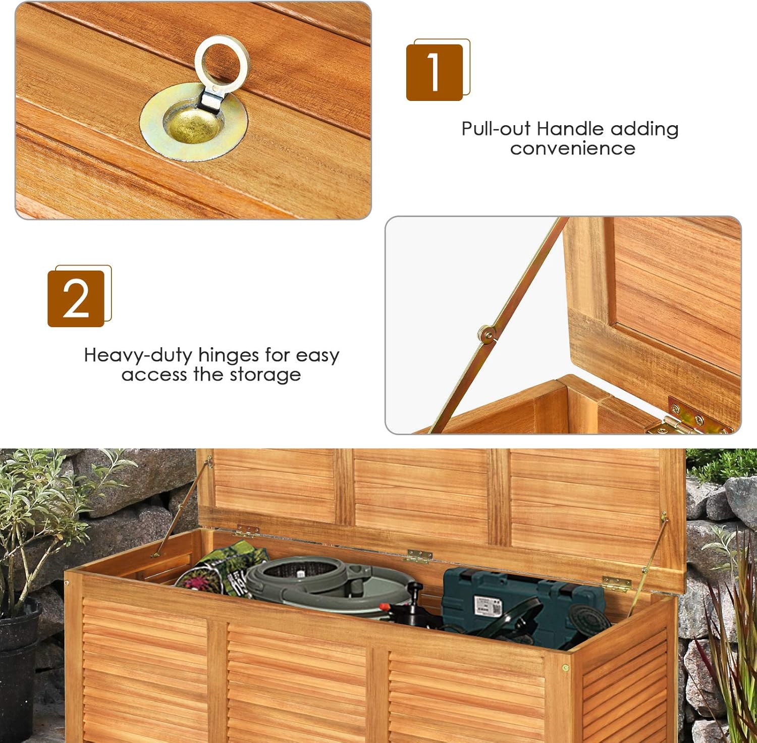 Wooden Garden Storage Bench Box Acacia Deck Chest Cushion Tool Storage