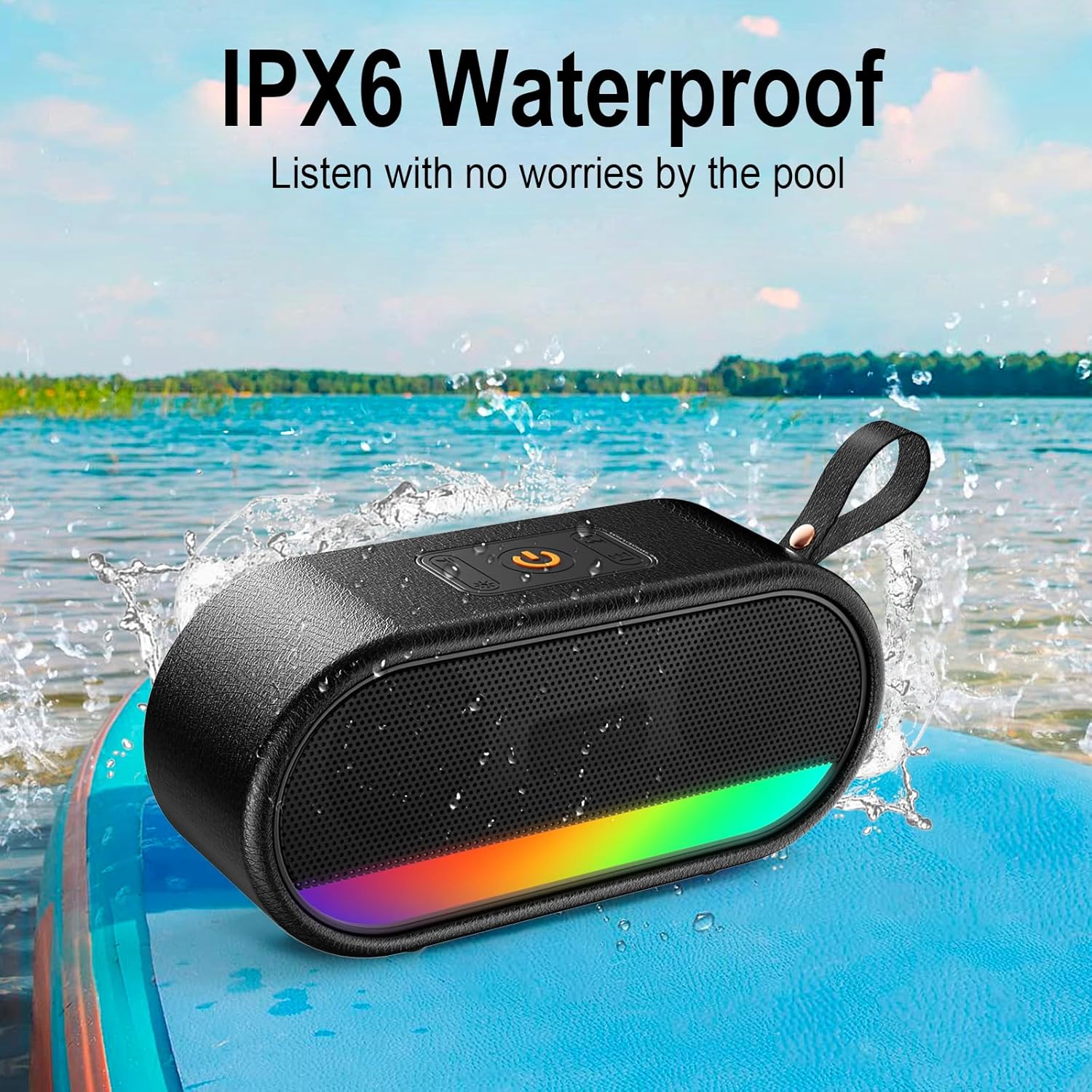 Portable Bluetooth Speaker 5.3 Bass Waterproof IPX6 RGB Lights