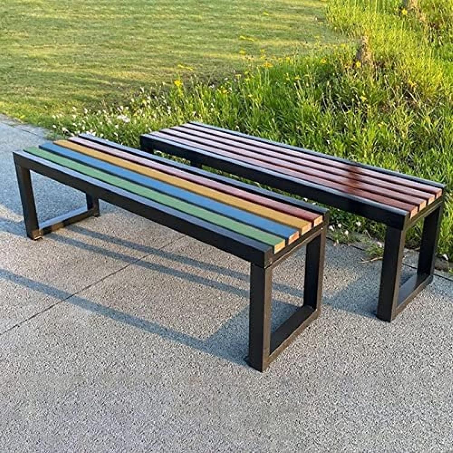 Metal Garden Bench 100cm Outdoor Patio Seat Faux Wood Backless