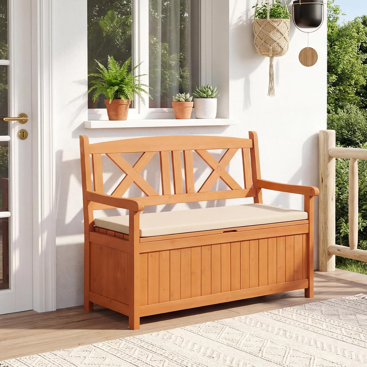 Wooden Garden Storage Bench 2 Seater Outdoor Patio Seat with Cushion