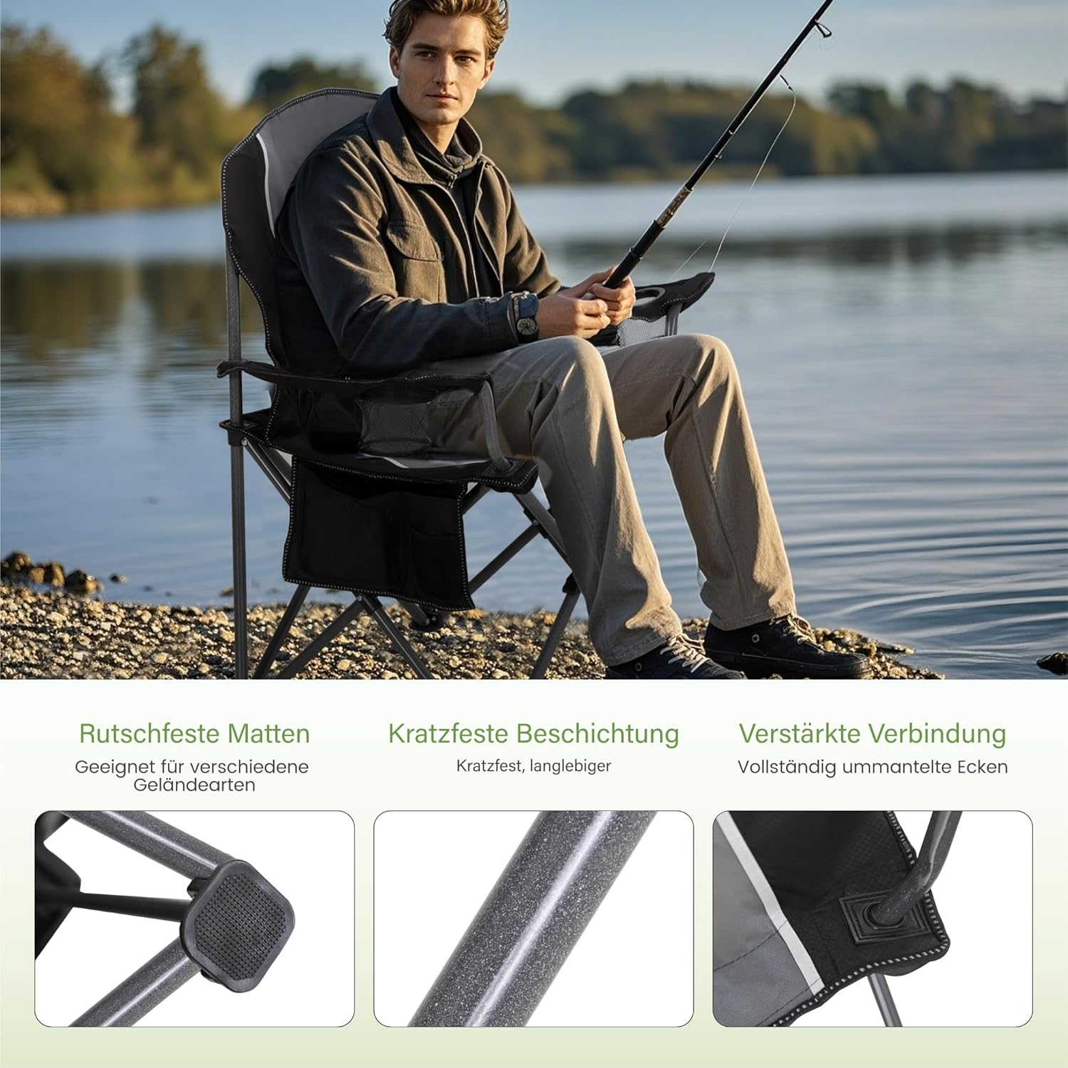 XL Folding Camping Chair Heavy Duty 160KG Black