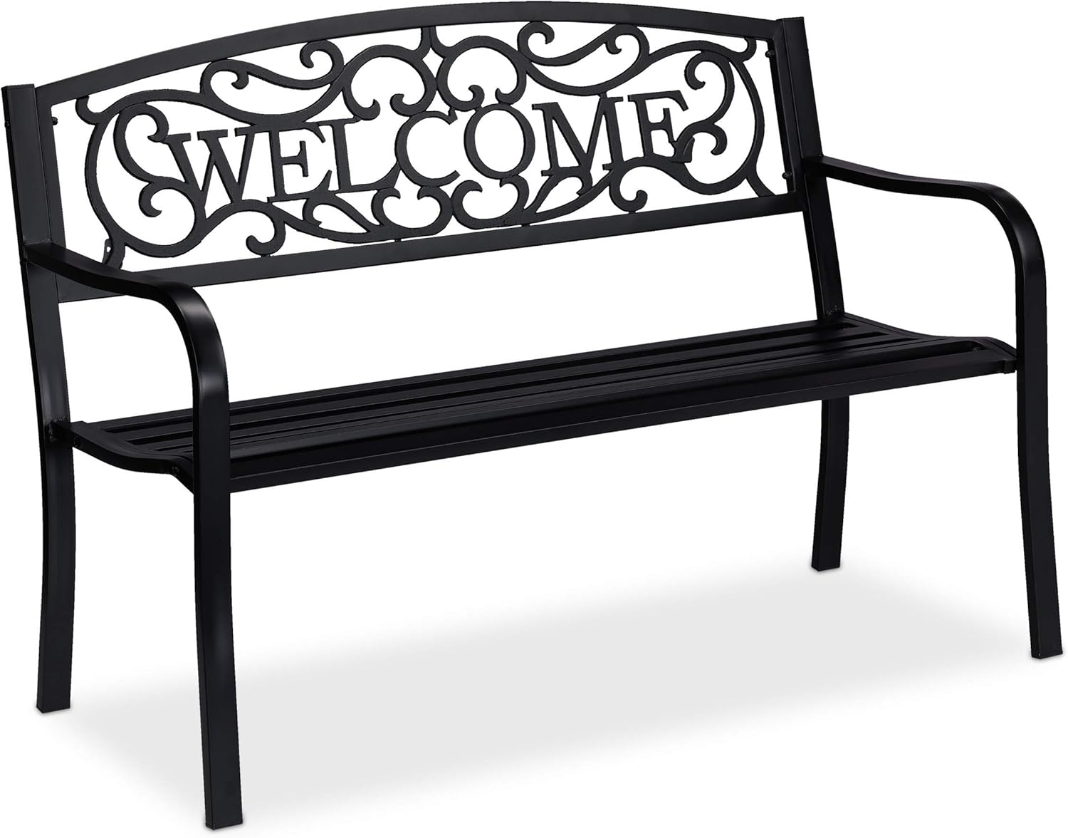 2 Seater Metal Garden Bench Welcome Backrest Patio Seat Black
