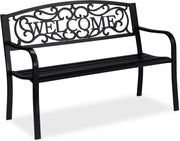 2 Seater Metal Garden Bench Welcome Backrest Patio Seat Black