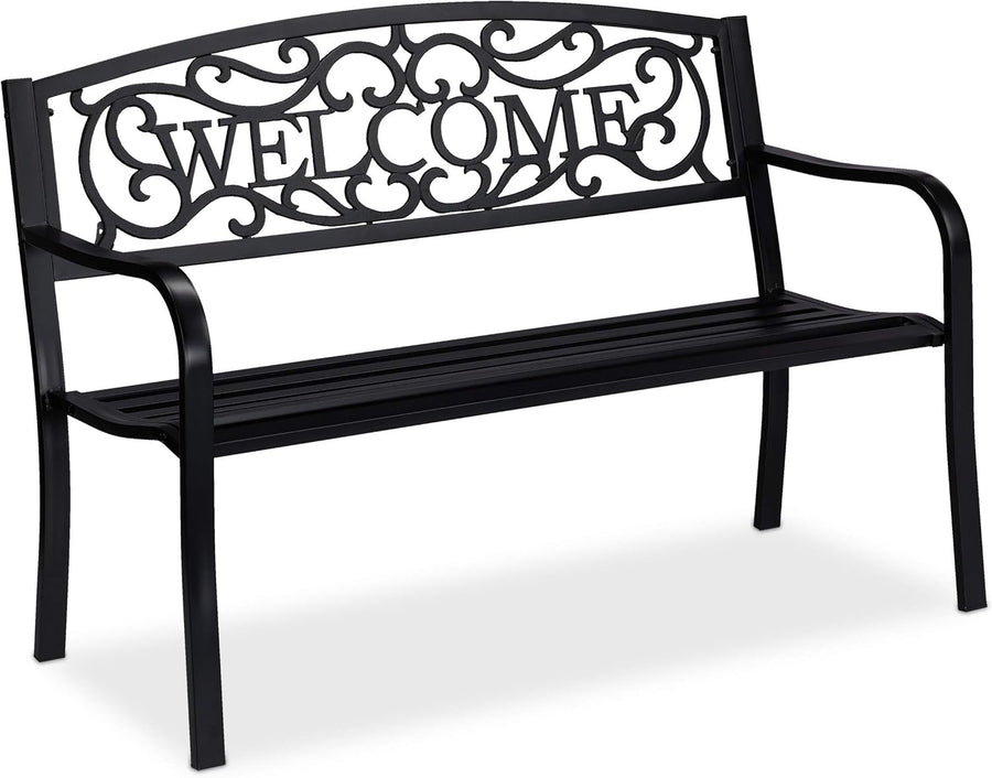 2 Seater Metal Garden Bench Welcome Backrest Patio Seat Black