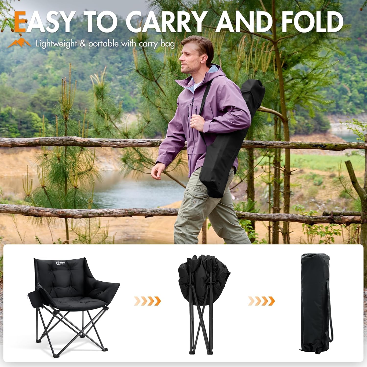 Padded Tub Camping Chair Wide Seat 150KG Black