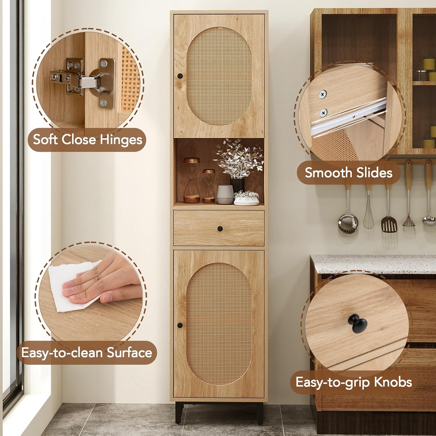 Tall Slim Storage Cabinet Natural Rattan Door Drawer Unit