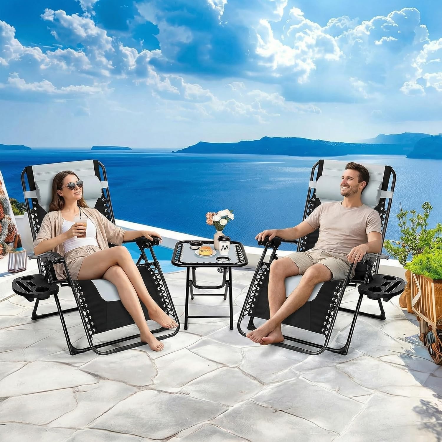 Set of 3 Zero Gravity Sun Loungers Grey with Table