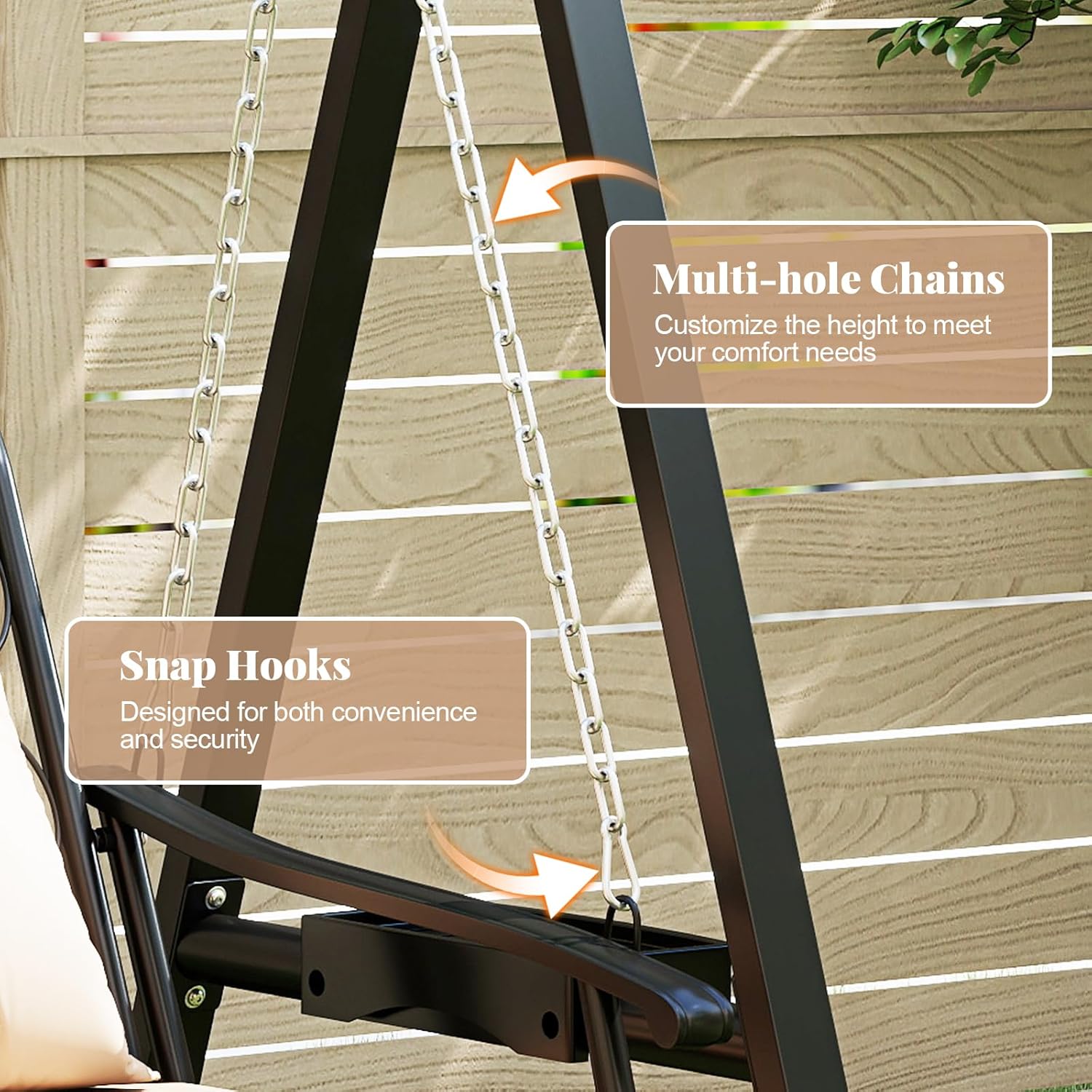 Outdoor Porch Swing Chair with Stand Canopy Side Tables Beige