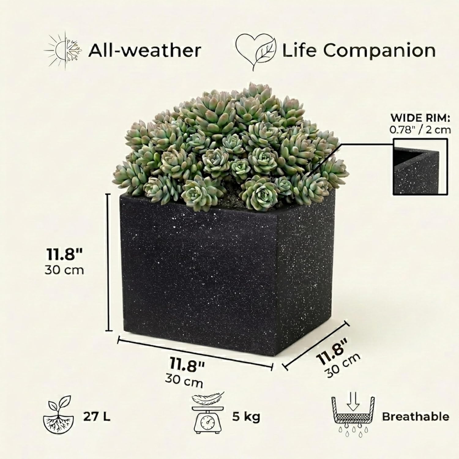 30cm Black Terrazzo Square Planter Stone Effect Garden Pot