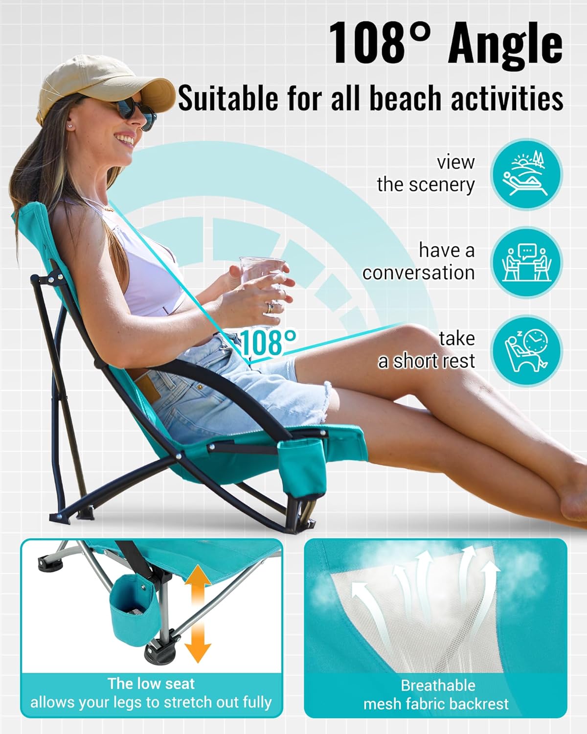 Cyan Low Folding Beach Chair Heavy Duty Portable Seat