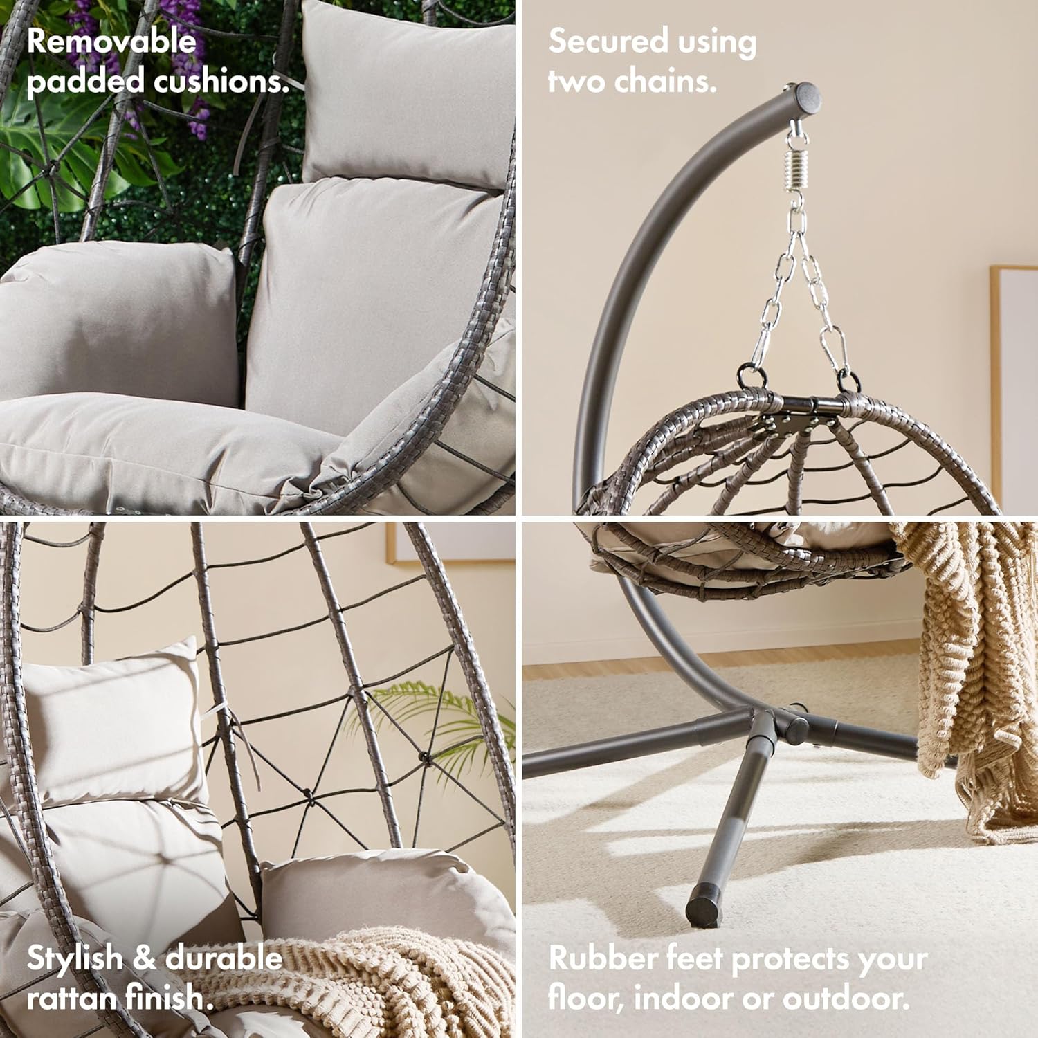 Hanging Egg Chair Grey Rattan Swing Stand Foldable Cushion