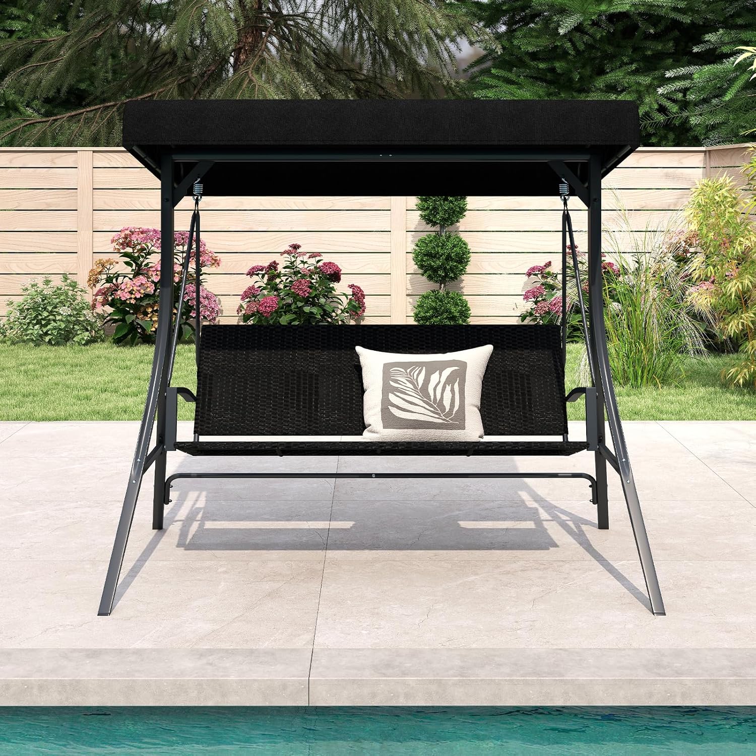 3 Seater Garden Swing Chair Rattan Canopy Bench Black