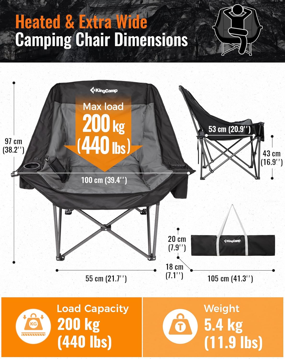 Heated XL Camping Chair 200KG Cooler Pocket
