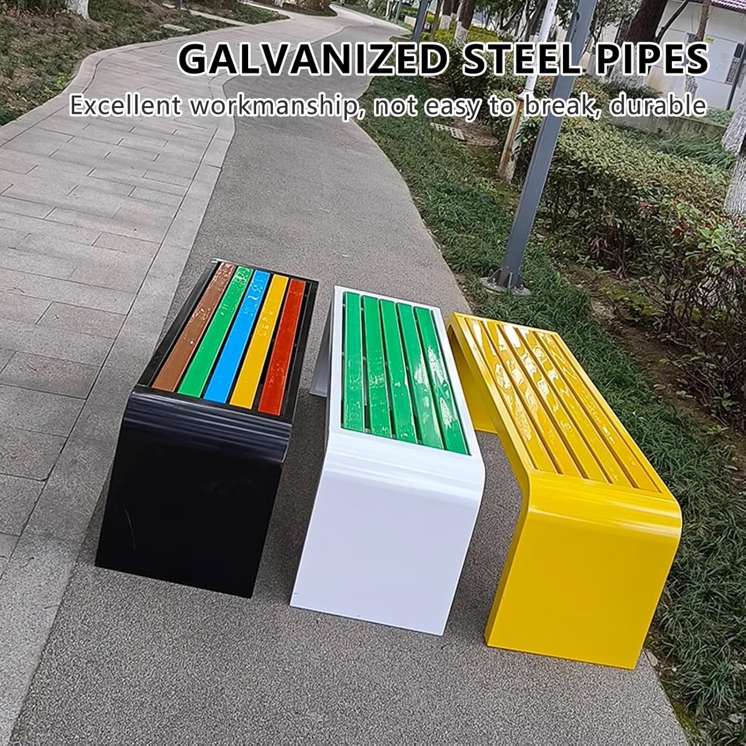 Curved Outdoor Garden Bench Wood Seat Steel Frame Backless 120cm