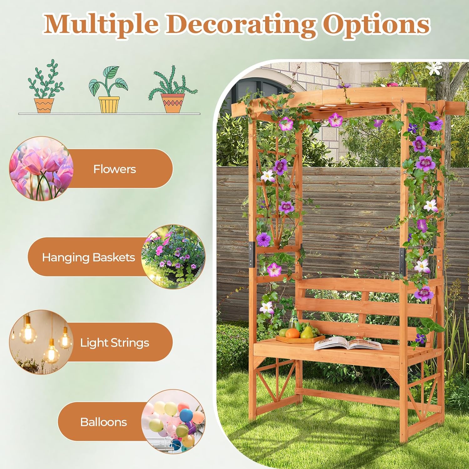 Wooden Garden Arch with Bench 2 Seater Trellis Pergola Seat