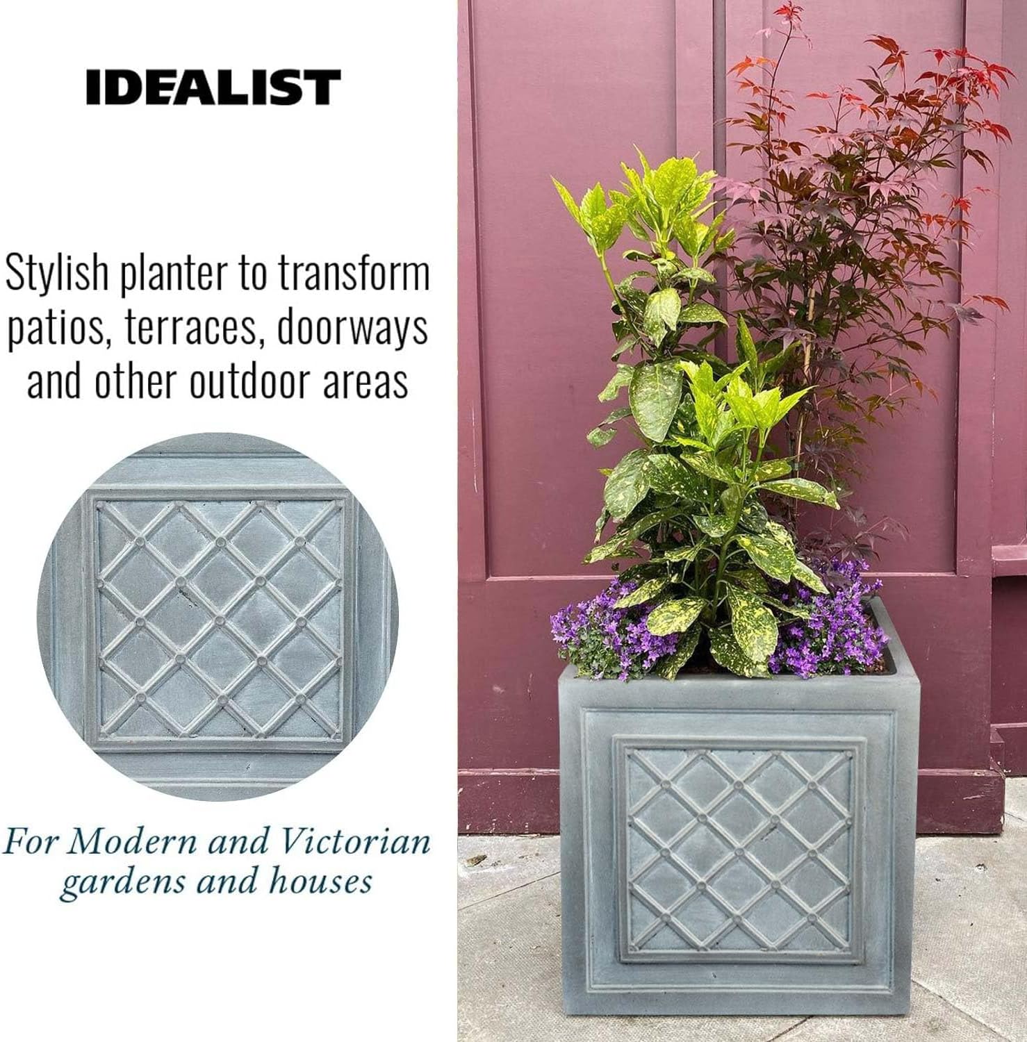 37cm Square Planter Grey Lattice Stone Effect Garden Pot