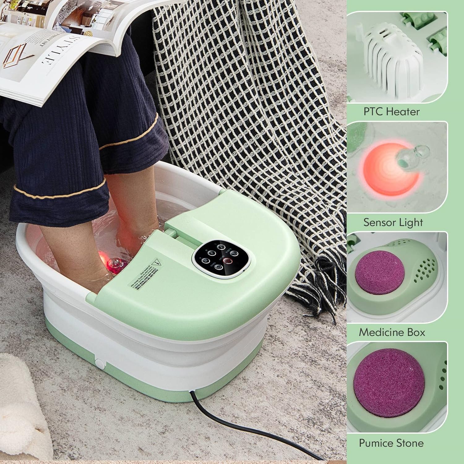 Foldable Foot Spa Massager Heated Bubble Soaker Timer Remote