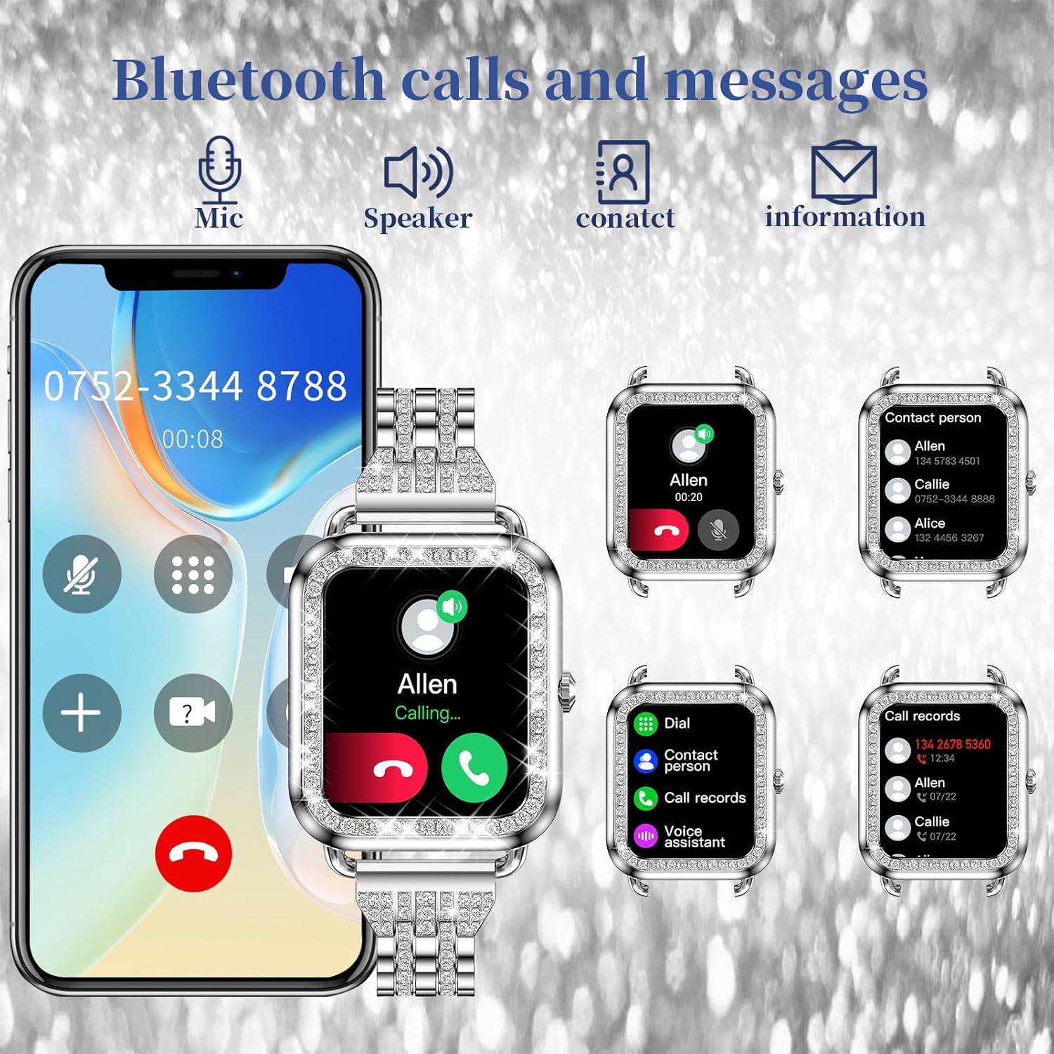Diamond Womens Smart Watch 3 Straps Bluetooth Call