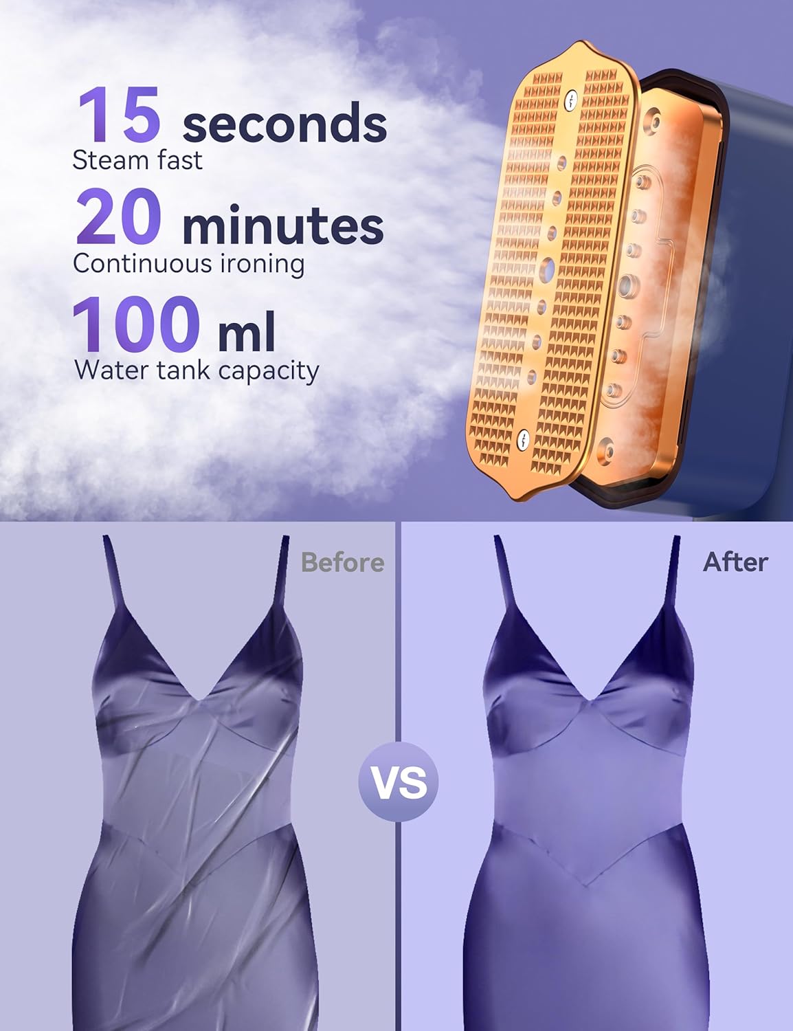 Portable Clothes Steamer 2 in 1 Travel Iron Fast Heat LED 4 Modes