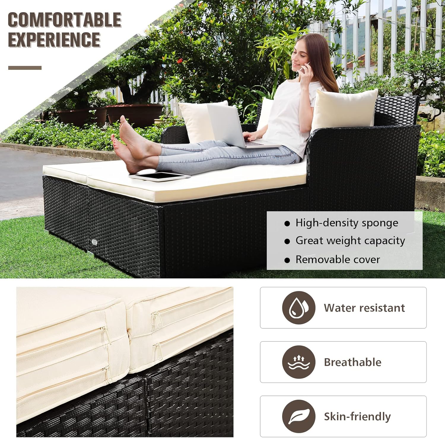 Outdoor Rattan Daybed Patio Sofa Sun Lounger White