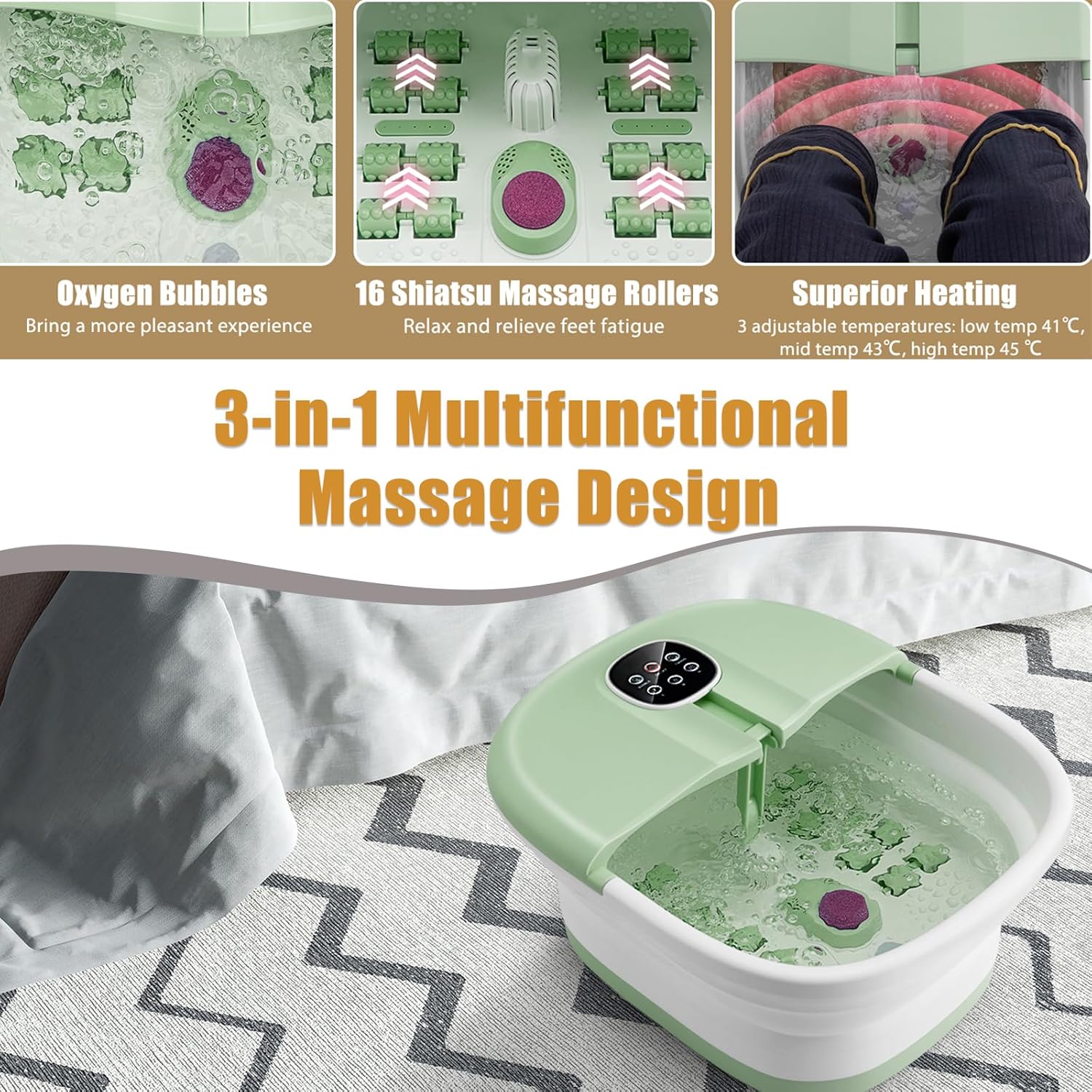 Foldable Foot Spa Massager Heated Bubble Roller Remote Timer