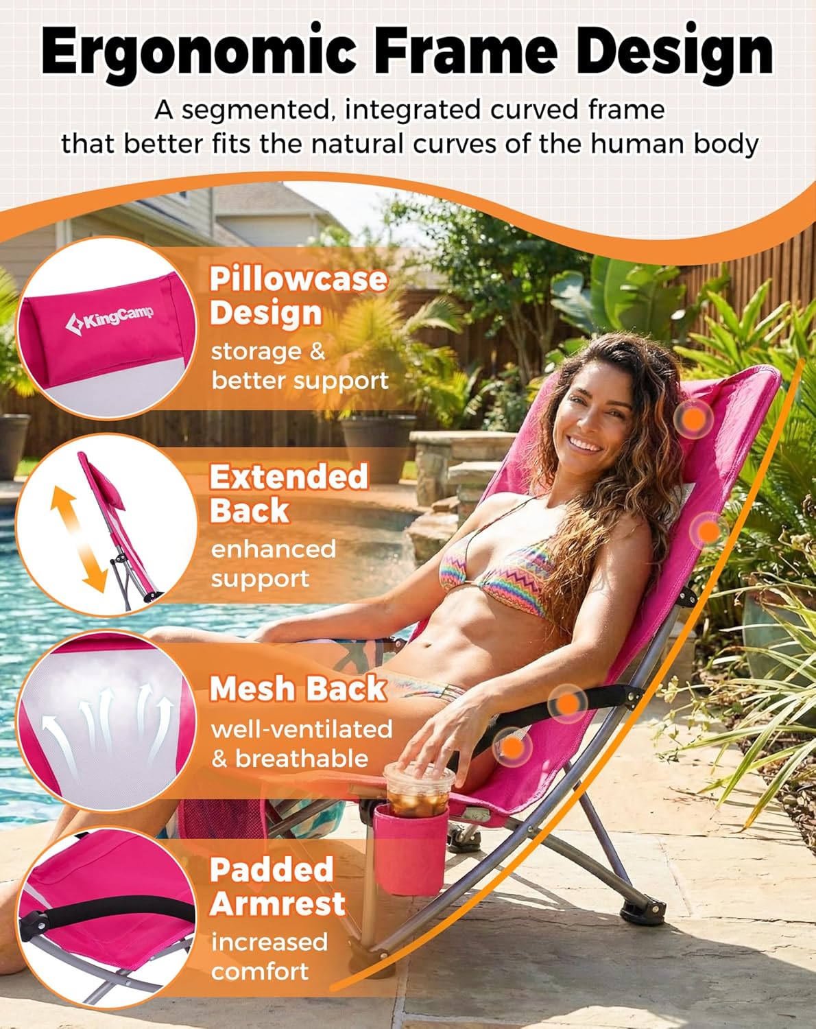 Rose Red Low Folding Beach Chair Heavy Duty Portable Mesh Seat