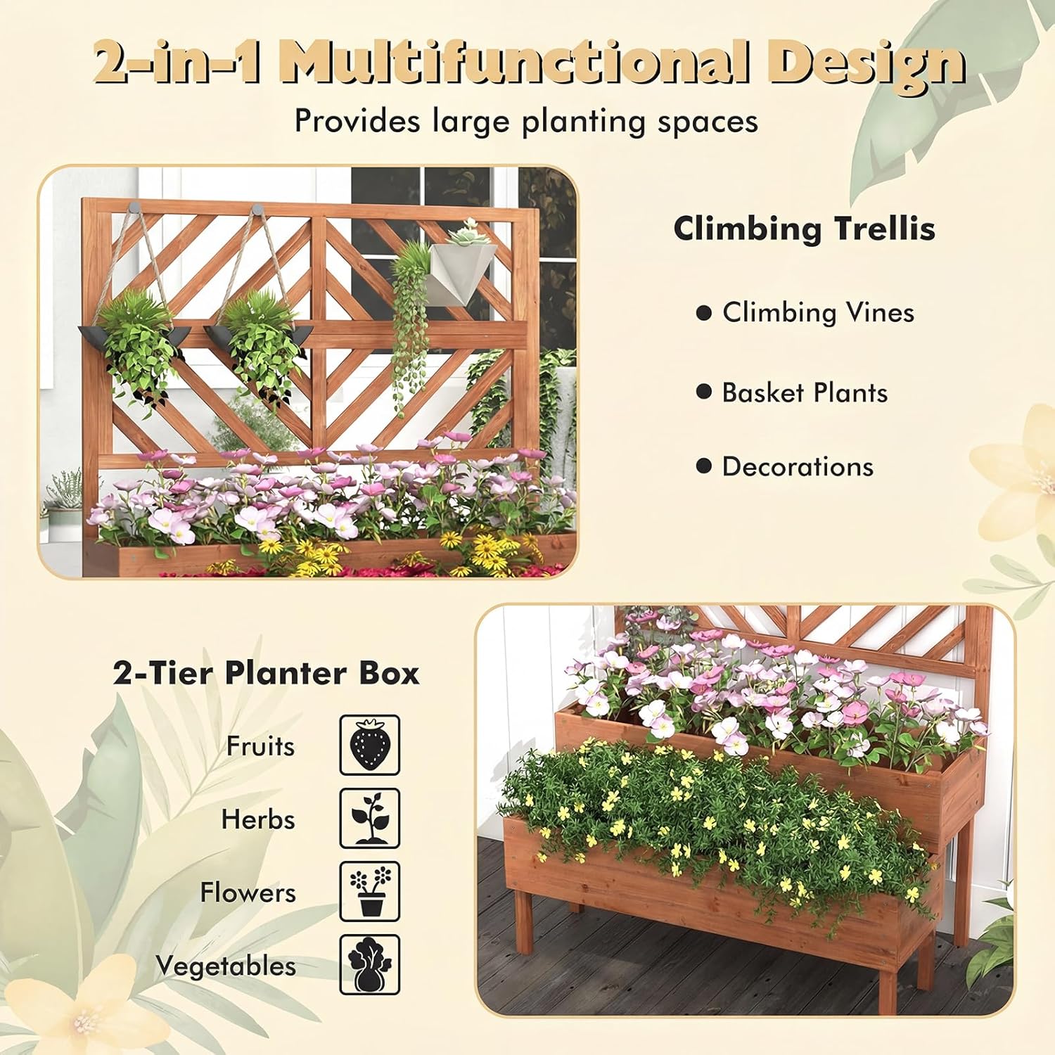 Wooden Raised Garden Planter with Trellis 2 Tier Plant Bed 135cm
