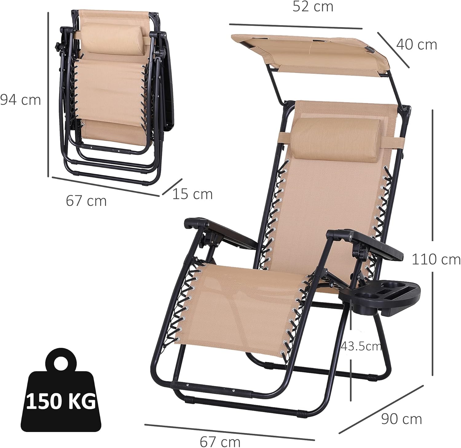 2 Zero Gravity Sun Lounger Chairs Foldable with Canopy Beige