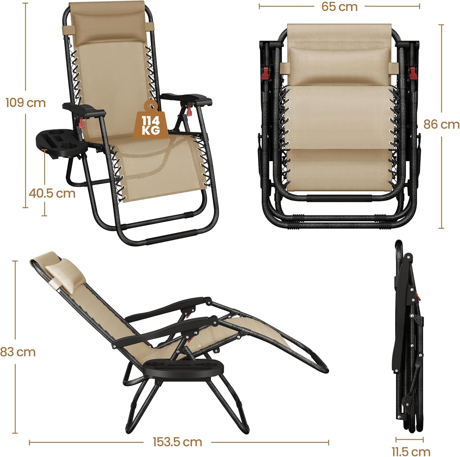 2 Zero Gravity Recliner Chairs Folding with Cup Holder Beige