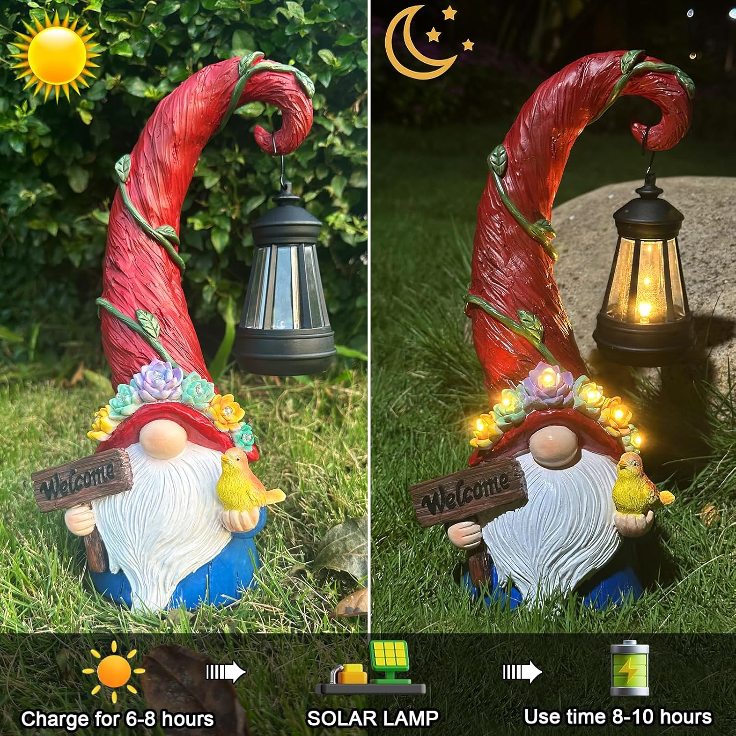 Solar Garden Gnome Lantern 6 LED Succulent Lights Outdoor Decor