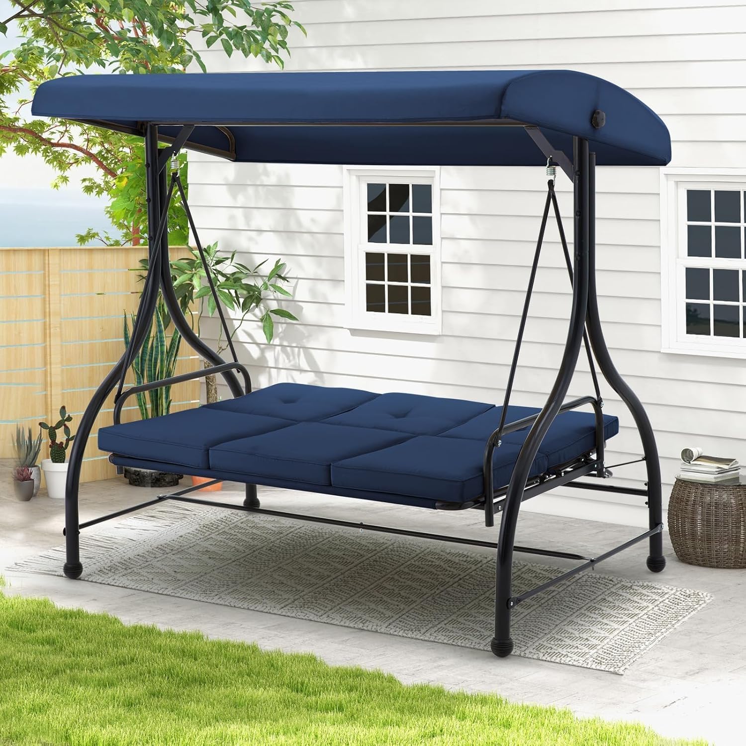 3 Seater Garden Swing Seat Bed Convertible Hammock Chair Blue