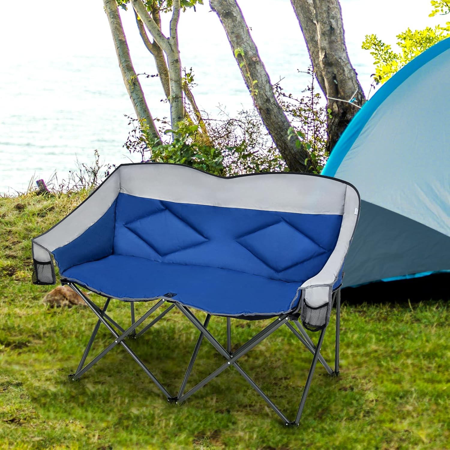 Double Camping Loveseat Chair with 2 Storage Pockets Blue